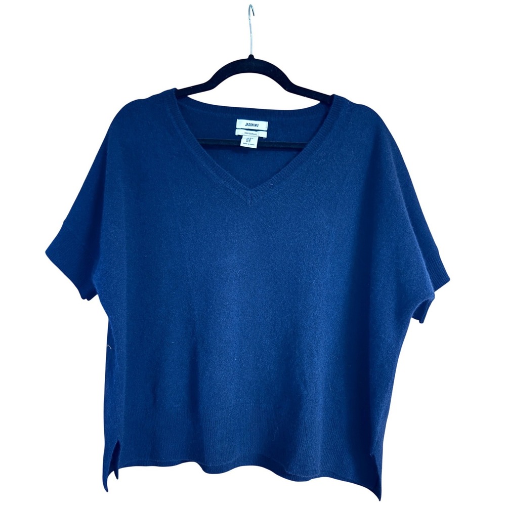 Jason Wu Womens Navy Blue 100% Cashmere V-Neck Short Sleeve Sweater Size M